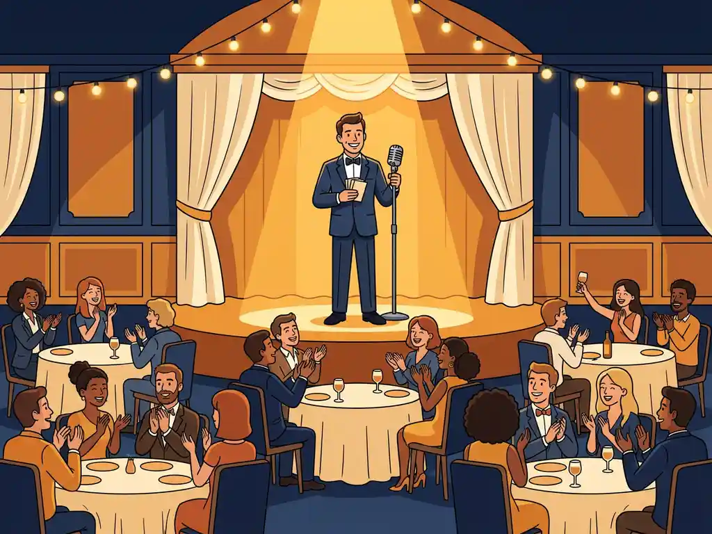 Quizmaster met vragenkaarten aan microfoon op podium, omringd door teams aan ronde tafels in sfeervolle zaal met slingerverlichting.