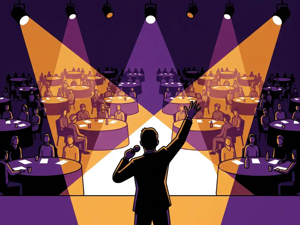 Quizmaster op podium die enthousiast gebaart naar volle zaal met gasten aan ronde tafels, paarse en amberkleurige spotlights.
