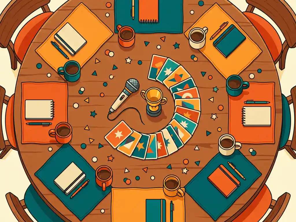 Vista desde arriba de una mesa redonda decorada de forma festiva con tarjetas de concurso de colores, un micrófono, una copa en miniatura y confeti de color naranja y verde azulado.