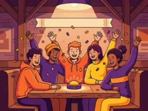 Groep vrienden juicht rond een gloeiende quizbuzzer in een gezellig café, met confetti en opgestoken handen.
