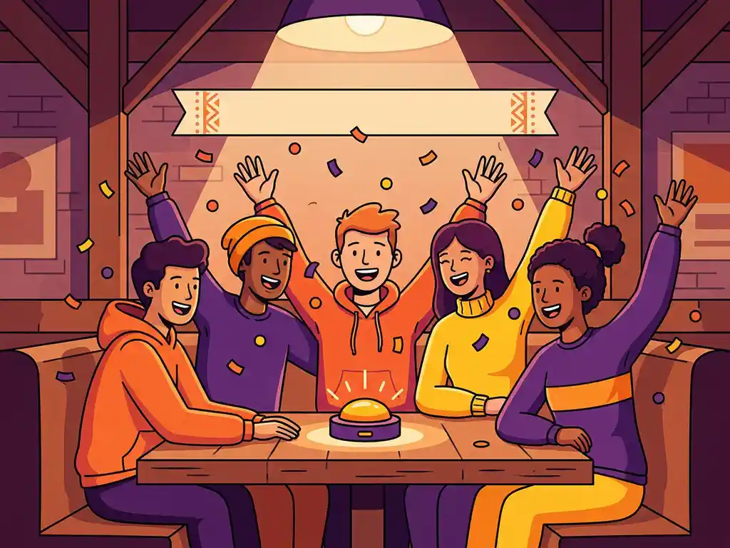 Groep vrienden juicht rond een gloeiende quizbuzzer in een gezellig café, met confetti en opgestoken handen.