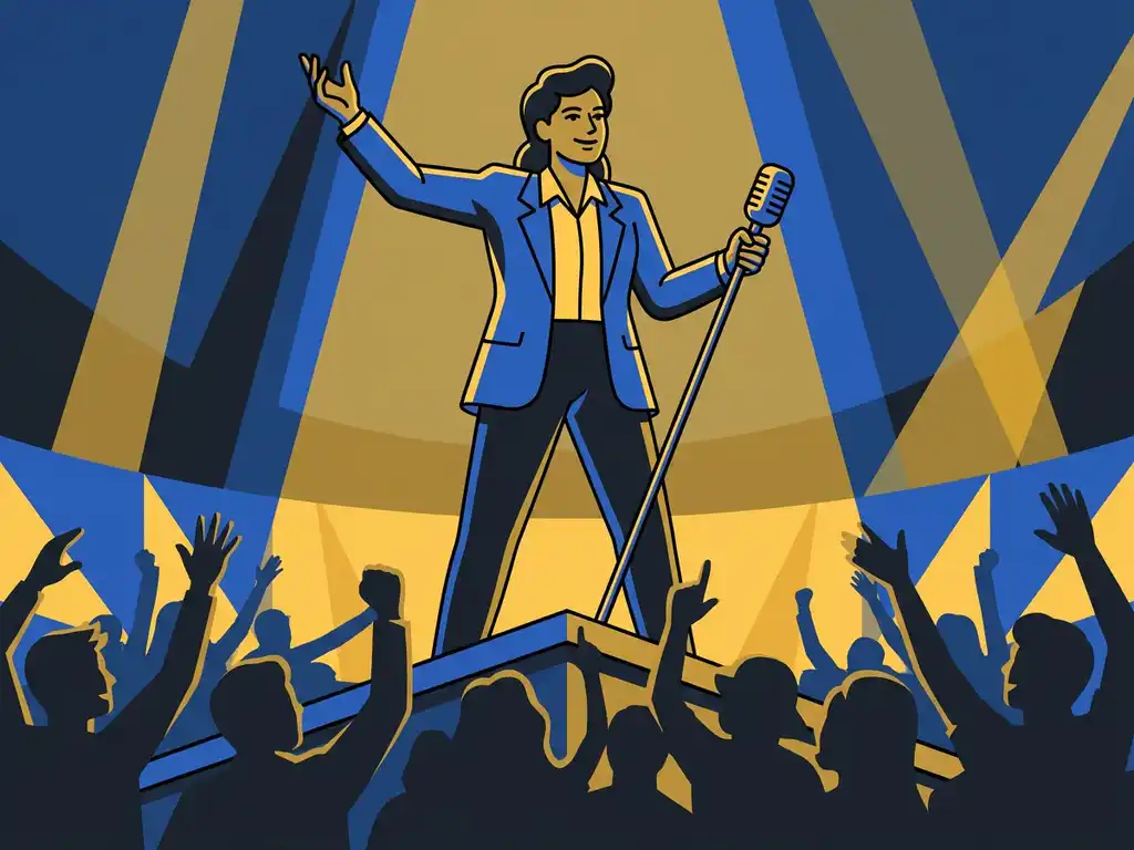Un presentador de concursos seguro de sí mismo con un micrófono en un escenario iluminado, rodeado de siluetas del público, en una ilustración vectorial plana en azul cobalto y amarillo dorado.