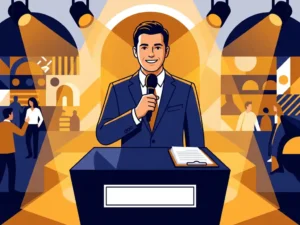 Um apresentador de quizes cheio de autoconfiança, com um microfone, atrás de um palco elegante, iluminado por holofotes quentes em tons de dourado e azul-marinho.
