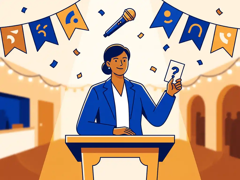 Zelfverzekerde quizmaster achter een podium met vragenkaart, omringd door confetti, wimpel en microfoon in een feestelijke evenementenhal.