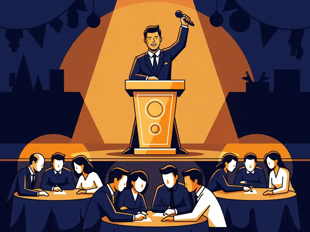 Un presentador de concursos seguro de sí mismo en un escenario iluminado durante un evento de empresa; compañeros de trabajo sentados en mesas redondas a la espera; focos de color ámbar que crean un ambiente acogedor.