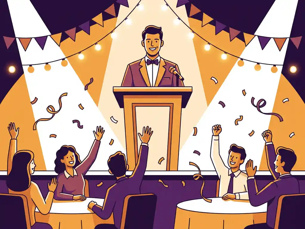 Zelfverzekerde quizmaster op feestelijk versierd podium met microfoon, omringd door collega's aan bankettafels onder warm sfeerlicht.