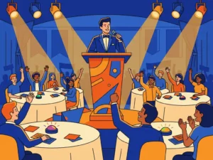 O apresentador do quiz atrás do palco, com um microfone, perante um público entusiasmado sentado à volta de mesas redondas com botões de resposta, num salão de eventos festivo.