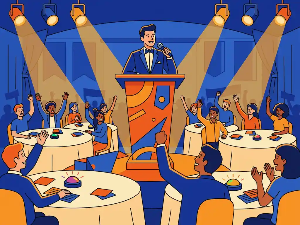 Quizmaster achter podium met microfoon voor enthousiast publiek aan ronde tafels met buzzers in feestelijke evenementenhal.