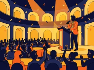 O apresentador do quiz, atrás do palco com um microfone, dá início ao evento perante um grande público sentado à volta de mesas redondas, num salão de eventos festivo iluminado por holofotes laranja.