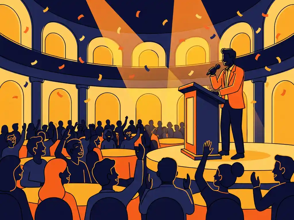 Quizmaster hinter Bühne mit Mikrofon tritt vor großem Publikum an runden Tischen in festlicher Eventhalle mit orangen Scheinwerfern auf.