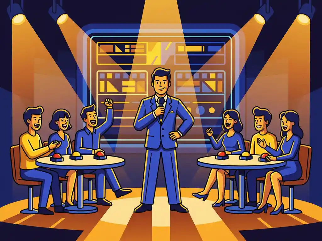 Quizmaster mit Mikrofon auf beleuchteter Bühne, umgeben von enthusiastischen Teams an runden Tischen mit Buzzern und Anzeigetafel im Hintergrund.