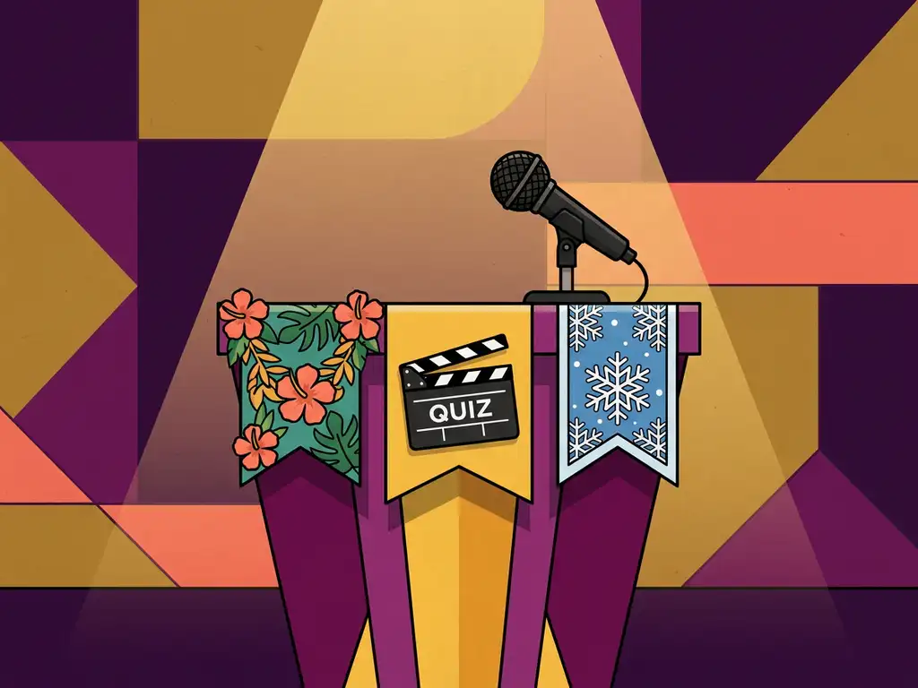 Kleurrijk quizshow-podium met tropische slinger, filmklapper en sneeuwvlokbanner, microfoon centraal, paarse en gouden tinten.