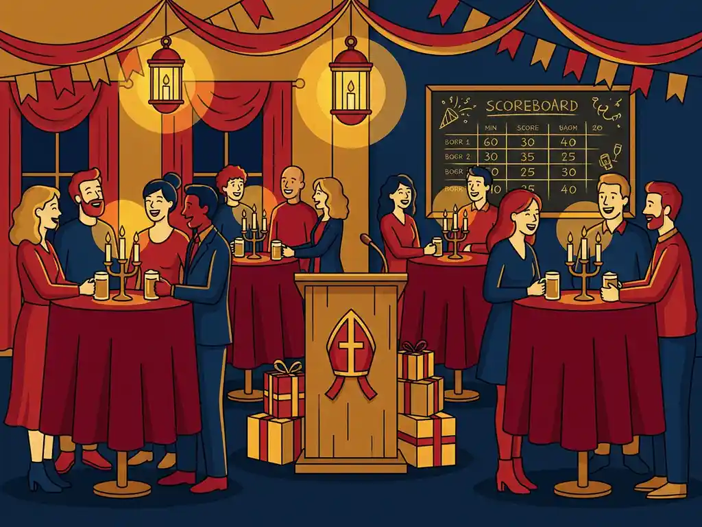 Sinterklaas personeelsfeest met quizpodium versierd met mijter en gouden cadeaus, collega's lachen bij statafelstjes in warme kaarslichtsfeer.