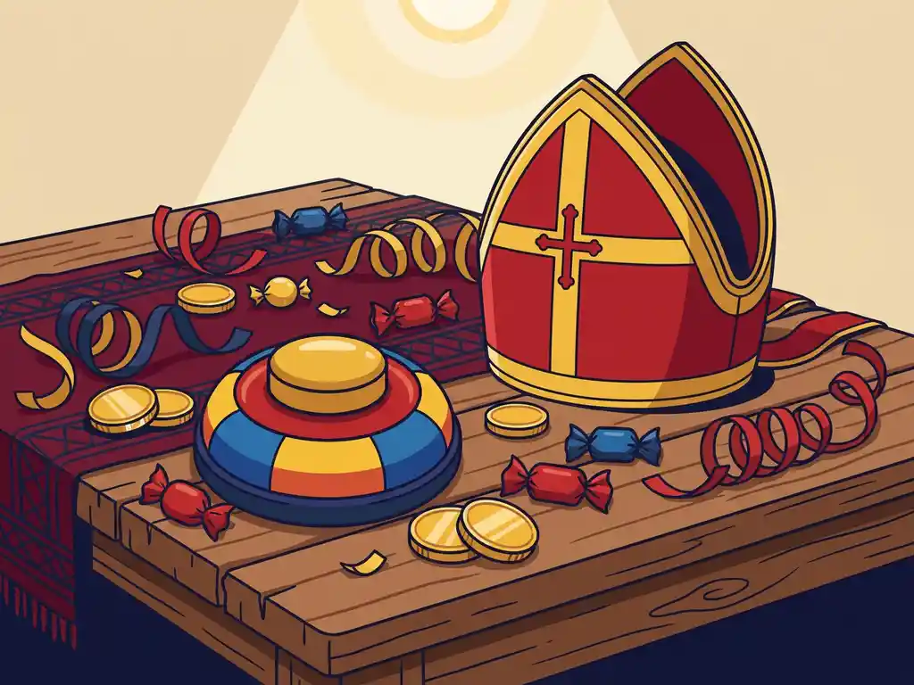 Sinterklaashoed naast een quizbuzzer op houten tafel, omringd door gouden munten, snoepjes en slingers.