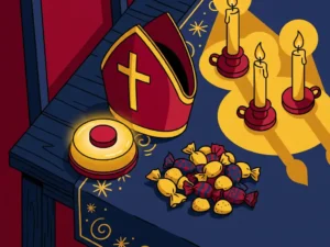 Houten tafel met een gloeiende quizbuzzer, rode Sinterklaasmijter en verpakte pepernoten bij kaarslicht op marineblauw tafelkleed.