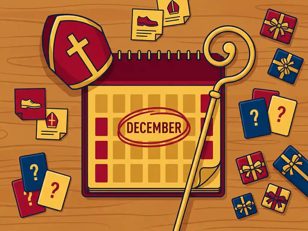 Sinterklaashoed en staf naast een kalender met december omcirkeld, omringd door quizkaarten en cadeautjes op een houten bureau.