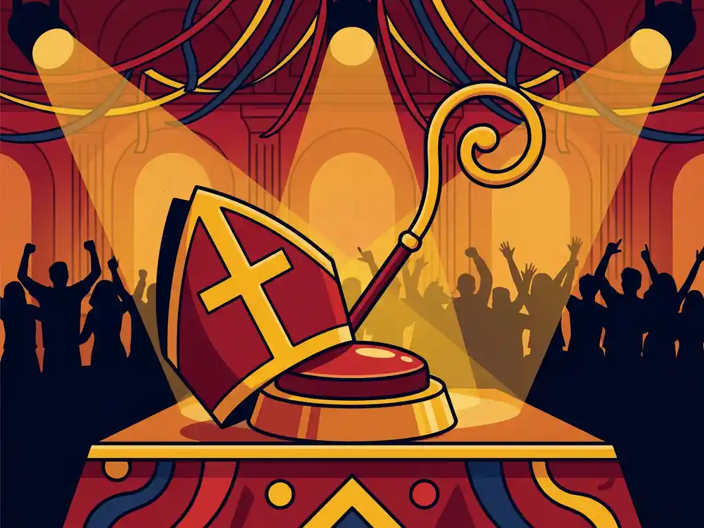 Sinterklashut und Stab neben einem großen Quizbuzzer auf einer festlich beleuchteten Bühne mit jubelndem Publikum im Hintergrund.