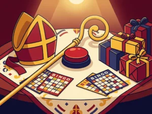 Sinterklaashoed en staf naast een quizbuzzer op een feestelijk versierde tafel met bingokaarten en ingepakte cadeaus.