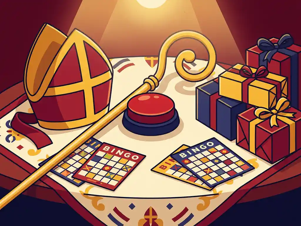 Sinterklaashoed en staf naast een quizbuzzer op een feestelijk versierde tafel met bingokaarten en ingepakte cadeaus.