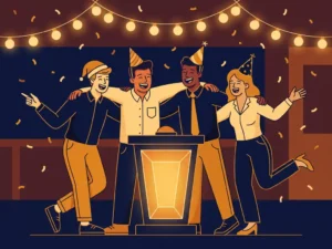 Collega's rond een verlicht quizpodium tijdens een feestelijk eindejaarsfeest, met slingers, confetti en gouden accenten.