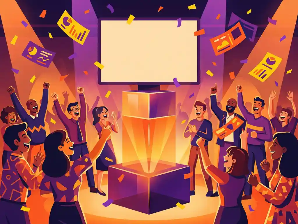 Illustratie van juichende collega's rond een verlicht quizpodium met confetti en scoreborden in oranje, paars en geel.