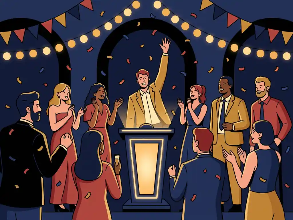 Diverse collega's vieren samen een quiz bij een verlicht podium tijdens een eindejaarsfeest met confetti en sfeerverlichting.