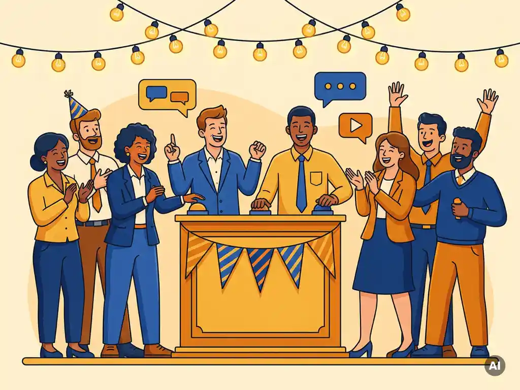 Diverse collega's lachen samen rond een versierde quizpodium tijdens een bedrijfsevenement, sfeervol verlicht door prikkellichten.