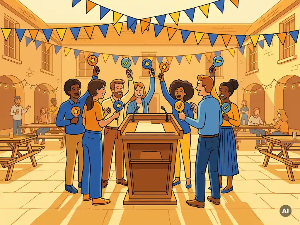 Collega's spelen een quizspel op een zonnig bedrijfsfeest in een binnenplaats, met kleurrijke slingers en antwoordbordjes.