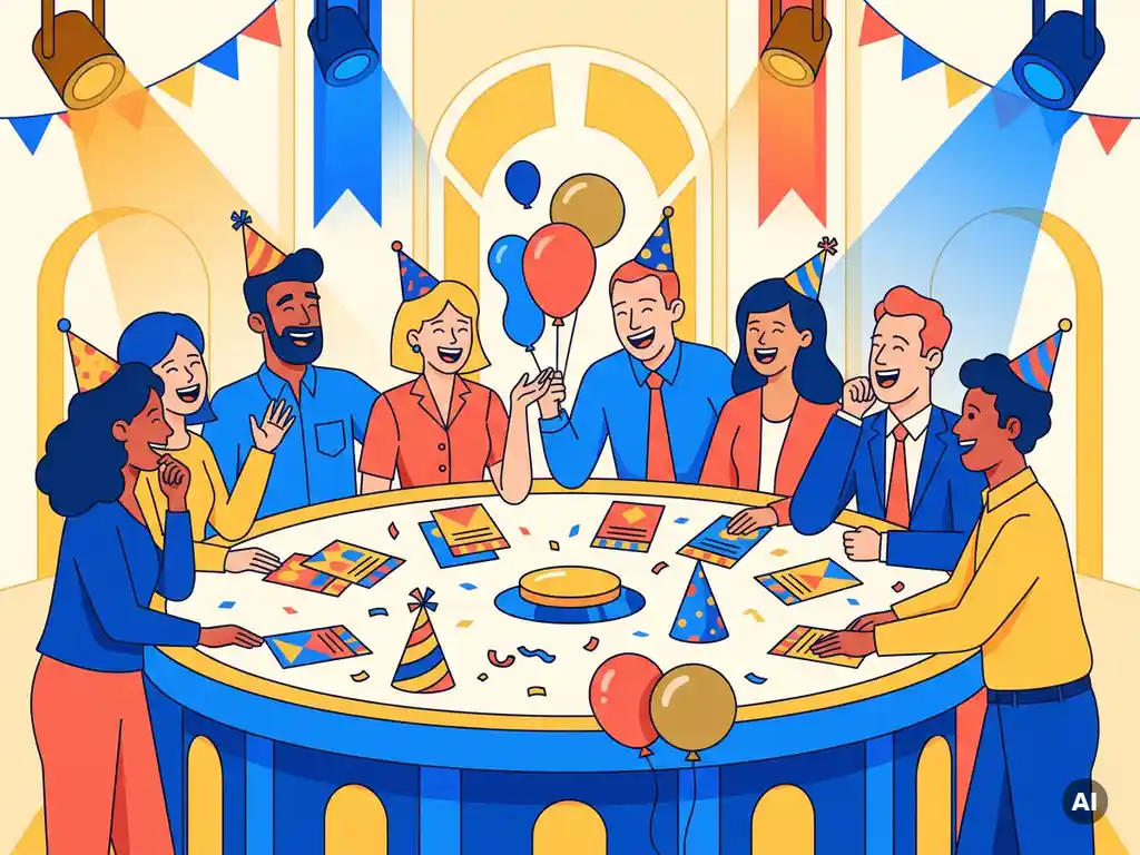 Diverse collega's lachen samen rond een quizbuzzer tafel met kleurrijke scorekaarten en feestelijke decoraties tijdens een bedrijfsfeest.