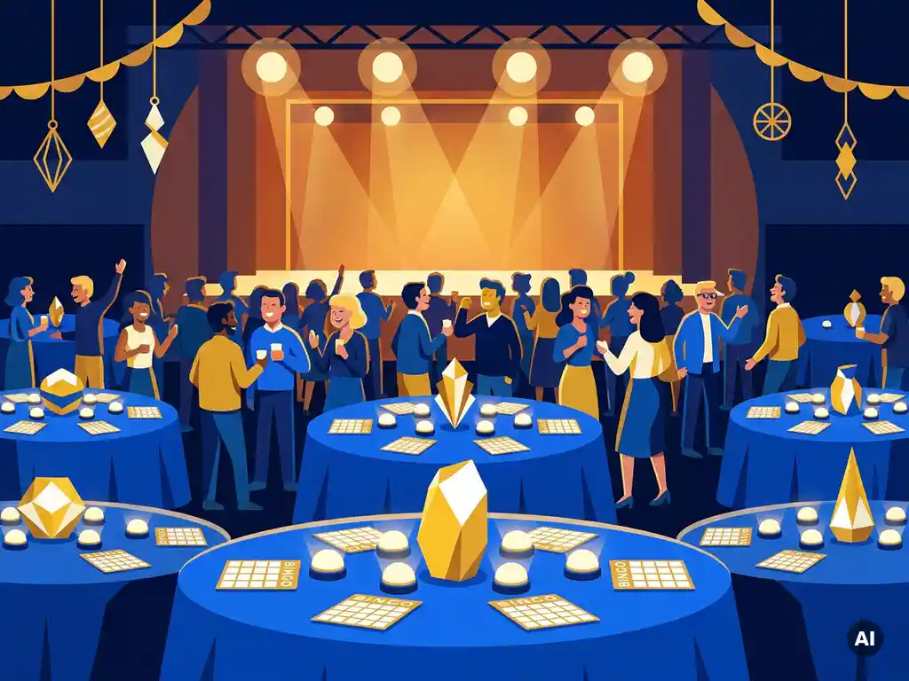 Feestelijk ingericht bedrijfsevenement met ronde tafels, quizbuzzers, bingokaarten en een verlicht podium met amber spotlights.