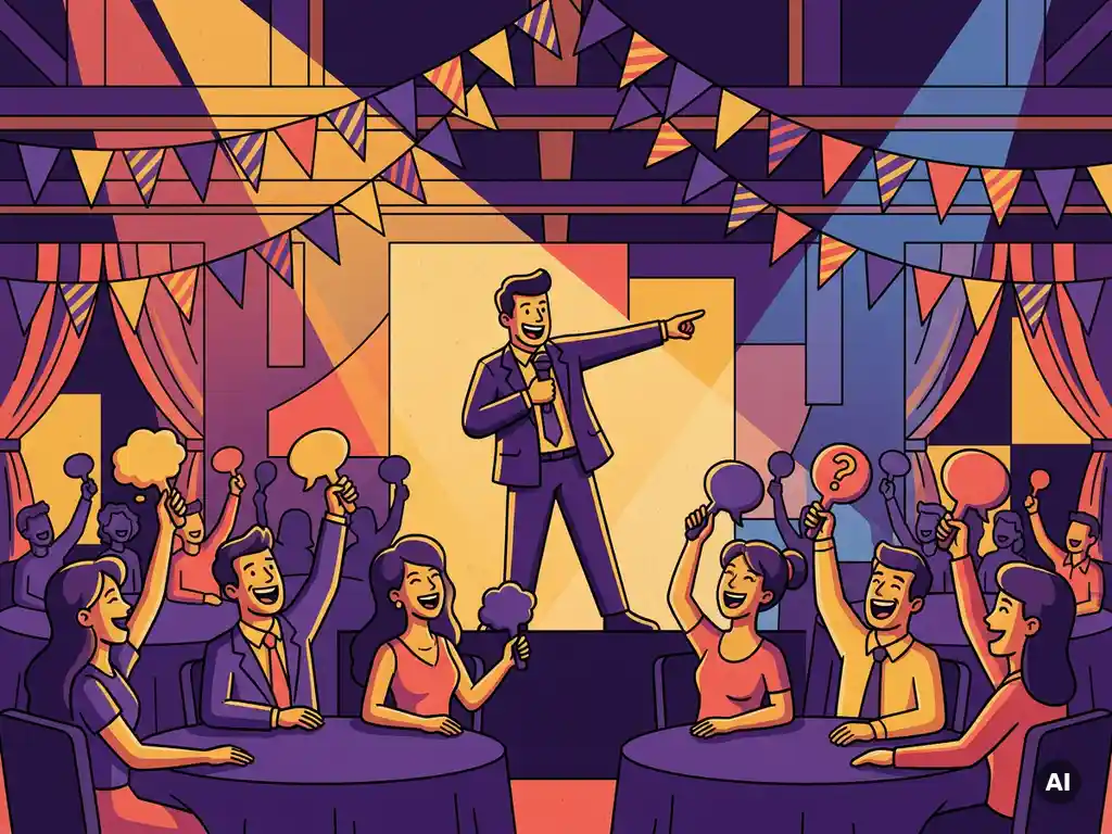 Quizmaster met microfoon op podium tijdens bedrijfsfeest, collega's aan ronde tafels steken antwoordpanelen omhoog onder kleurrijke slingers.