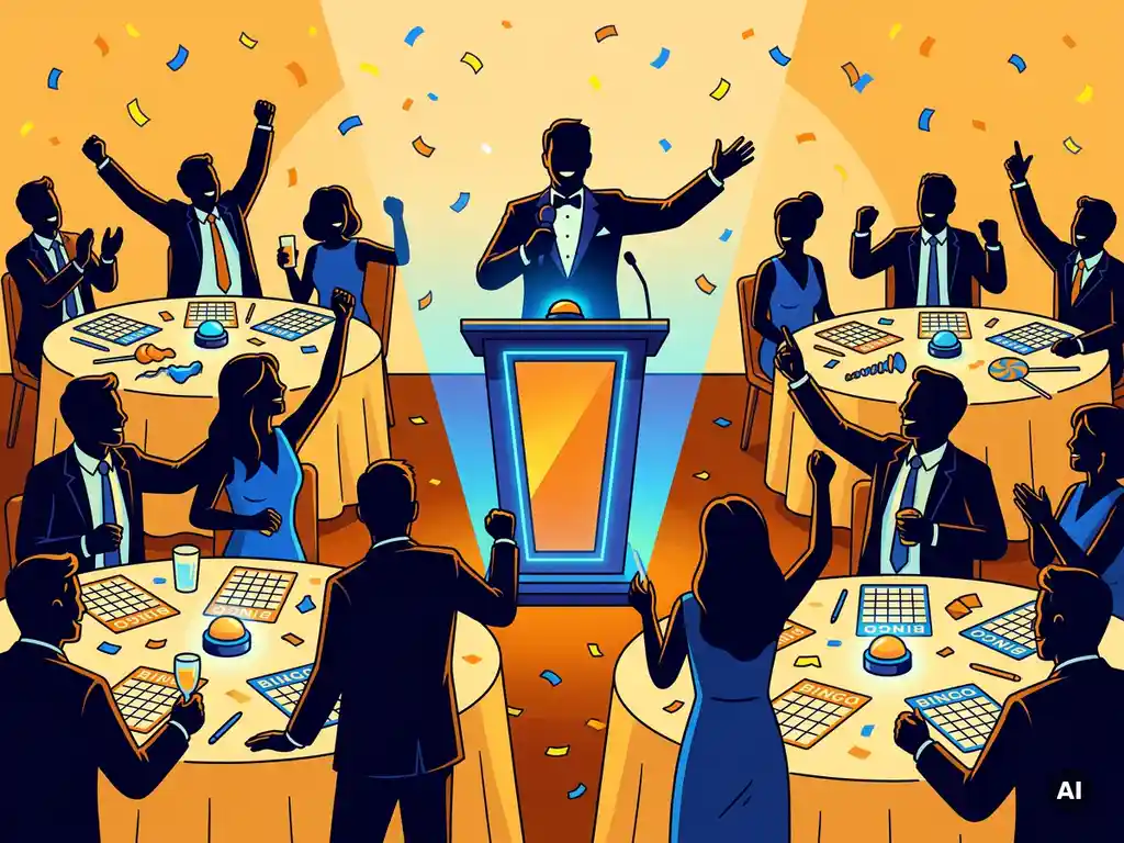 Quizmaster achter verlicht podium leidt feestelijke bedrijfsquiz met collega's, bingokaarten en buzzers op tafels, confetti in de lucht.