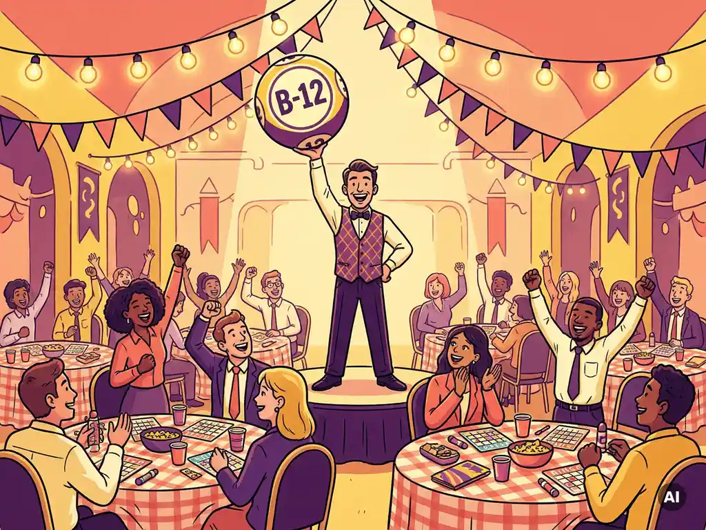 Enthousiaste bingo-host houdt genummerde bal omhoog tijdens bedrijfsfeest, juichende collega's aan tafels met bingokaarten, feestelijke zaal met slingerverlichting.