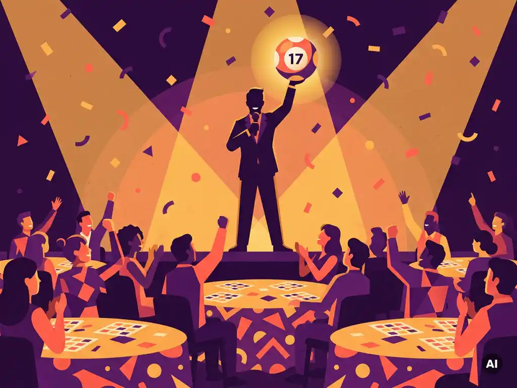 Bingo-presentator houdt juichend een gloeiende bal omhoog boven feestende gasten aan tafels vol kleurrijke bingokaarten.