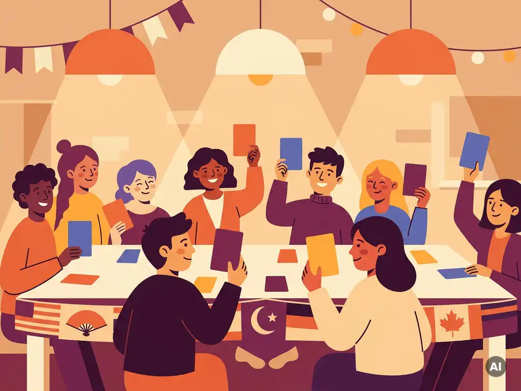 Diverse groep vrolijke mensen rond een feestelijke quiztafel met kleurrijke antwoordkaarten en culturele symbolen in een levendige illustratiestijl.