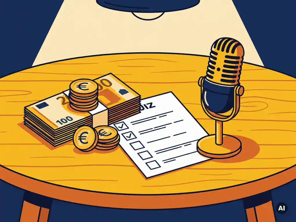Euro munten en bankbiljetten naast een antwoordblad en microfoon op een houten pubtafel, pub quiz illustratie.