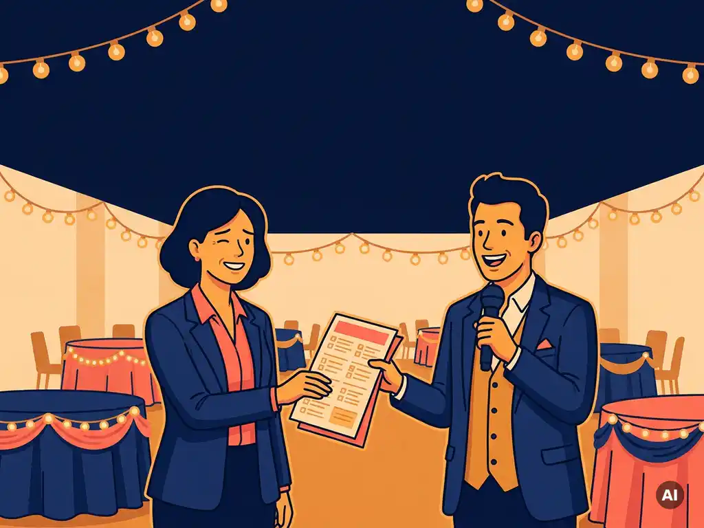 HR-manager overhandigt evenementenchecklist aan quizmaster met microfoon in feestelijke zaal met slingerverlichting en ronde tafels.