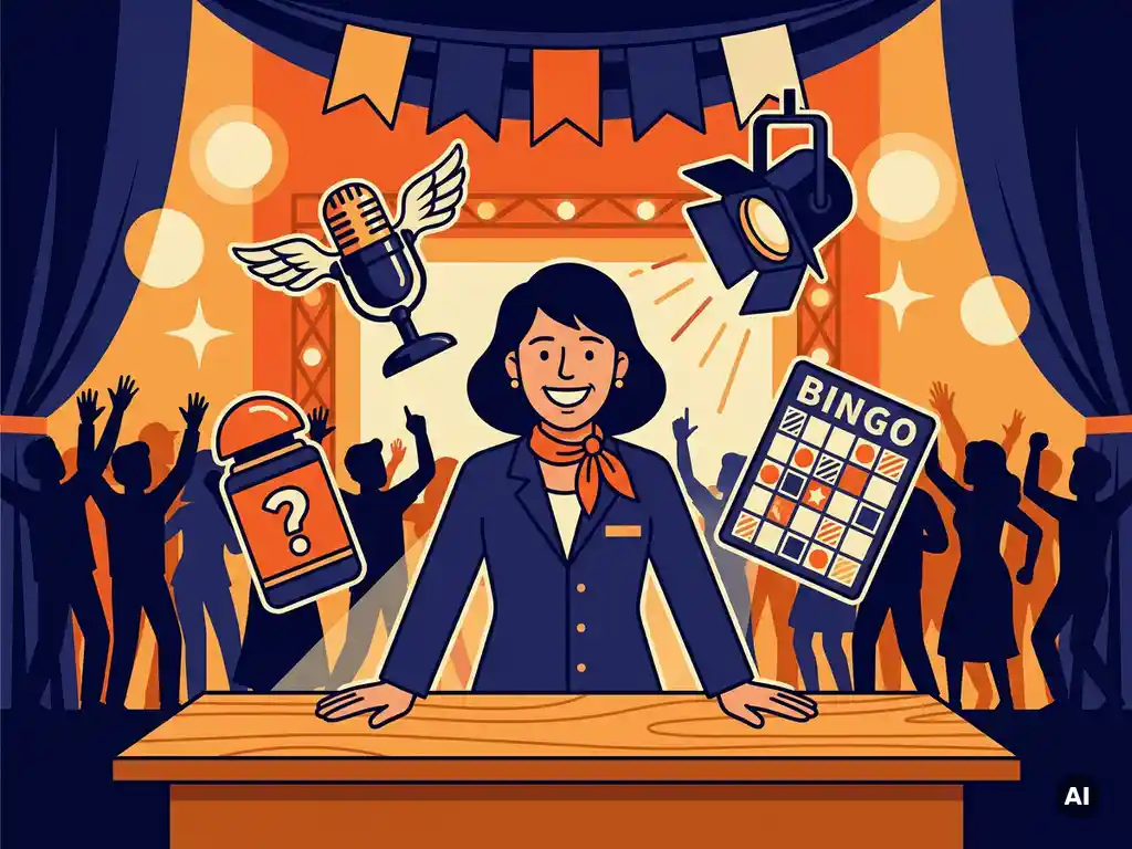 Vrolijke eventplanner omringd door microfoon, quizbuzzer, bingokaart en spotlight in een stijlvol bedrijfsevenementenlocatie.