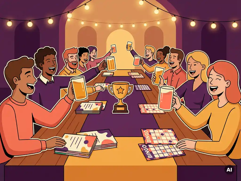 Collega's heffen glazen aan een feestelijke lange tafel met quizscorekaarten, bingokaarten en een trofee onder sfeervol slingerverlichting.