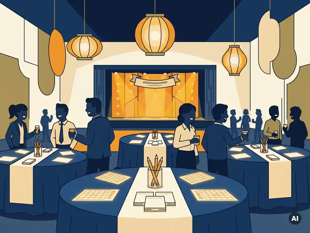 Feestelijke bedrijfsfeestzaal met ronde tafels, elegante linnen, quizbladen en gloeiende bingokaarten als middelpunt.