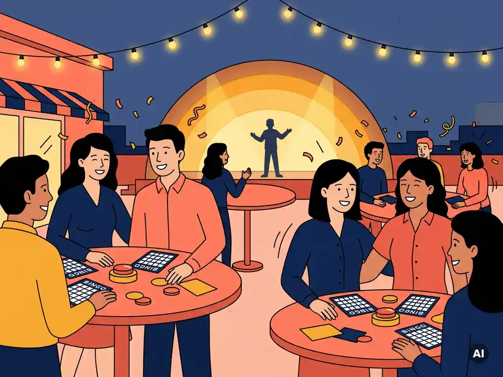 Collega's op een feestelijk dakterras met quizbuzzers en bingokaarten op tafels, sfeervolle slingerverlichting en warm amberkleurig podiumlicht.