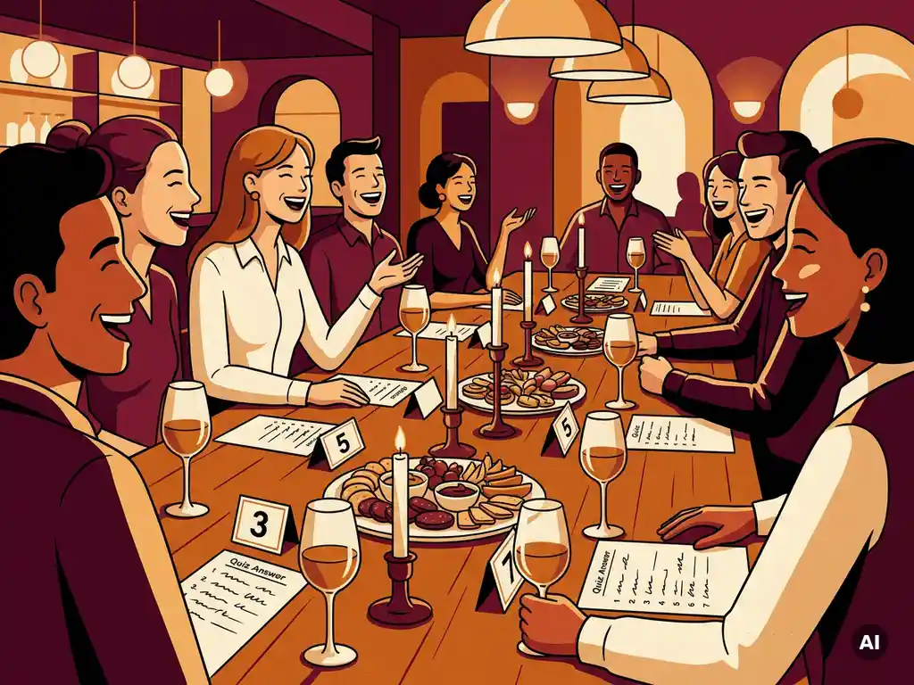 Collega's lachen tijdens een pubquiz aan een feestelijk gedekte tafel met antwoordbladen, wijnglazen en kaarsen in een restaurant.
