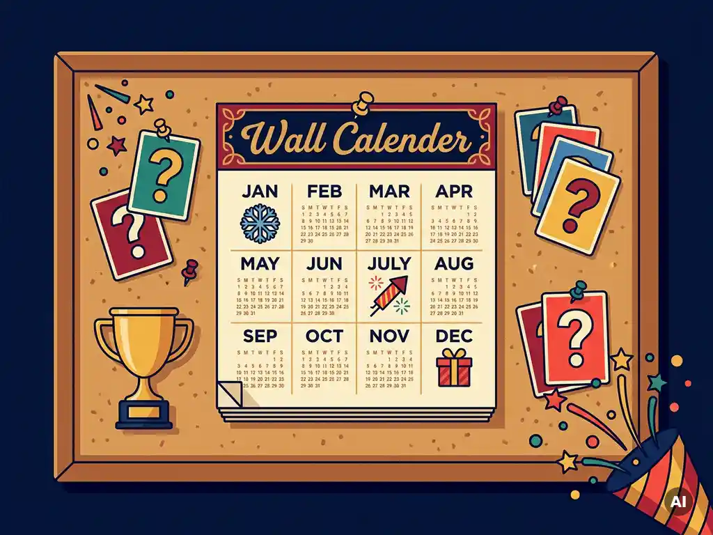 Feestelijke kalender op kurkbord omringd door quizkaarten, miniatuurbeker en confetti in marineblauw, goud en rood.