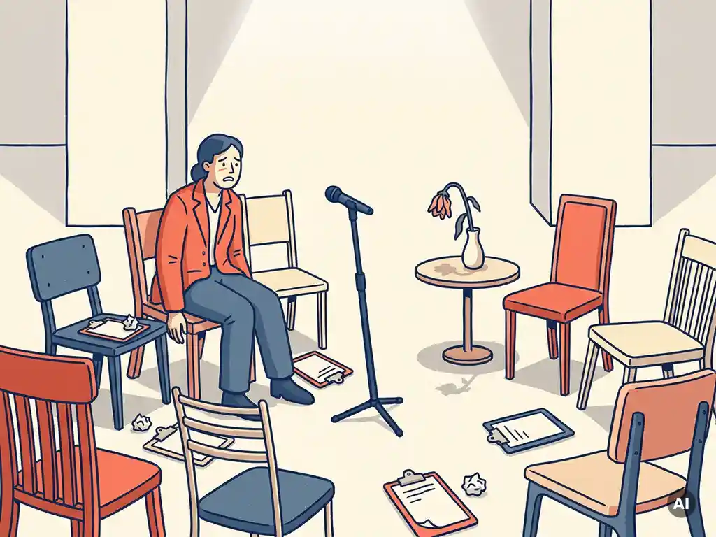 Gestresste eventplanner tussen wanordelijke stoelen, leeg microfoonstandaard en verspreide klemborden in een kale feestzaal met verwelkte bloem.