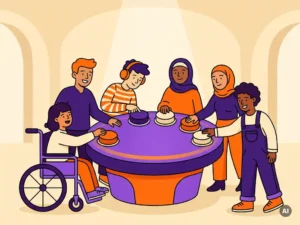 Grupo variado de personas alrededor de un escenario iluminado para un concurso en una sala festiva, entre las que se incluyen una persona en silla de ruedas y otra con auriculares; ilustración vectorial.