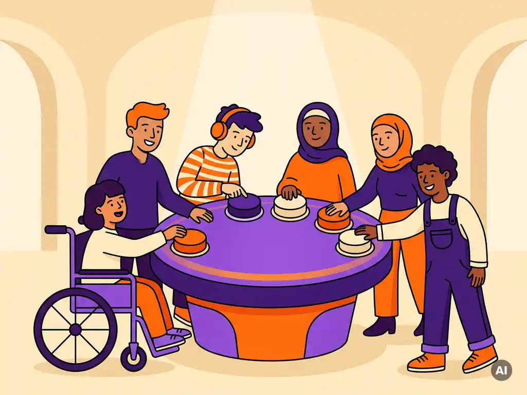 Grupo variado de personas alrededor de un escenario iluminado para un concurso en una sala festiva, entre las que se incluyen una persona en silla de ruedas y otra con auriculares; ilustración vectorial.