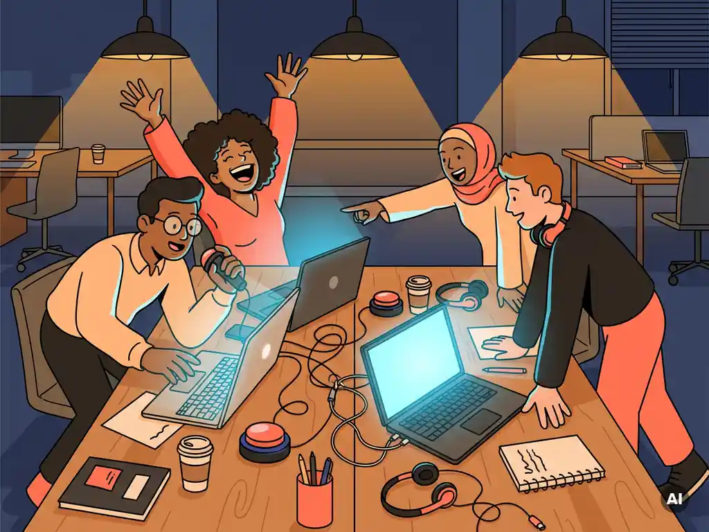 Divers internationaal team juicht rond laptops in moderne werkruimte tijdens een online quiz, met buzzers en headsets op tafel.