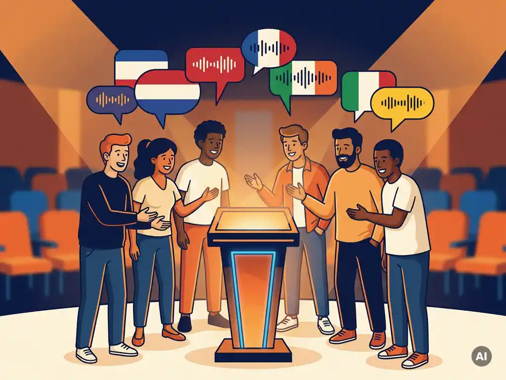 Divers internationaal team rond een verlicht quizpodium met meertalige spraakbellen, feestelijke sfeerverlichting in amberkleur.