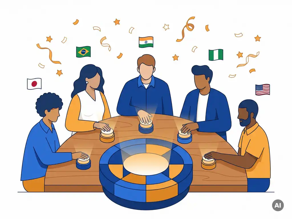Diverse groep mensen rond een gloeiende quizpodium met buzzers, internationale vlaggetjes en confetti in vlakke vectorstijl.