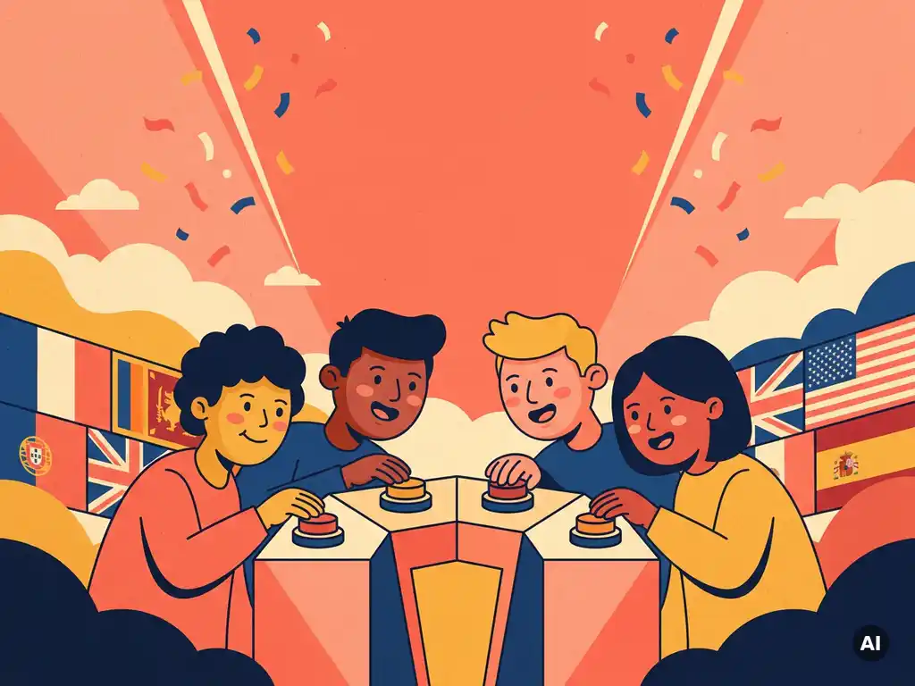 Diverse groep mensen die vrolijk samenkomt bij een quizpodium, omringd door internationale vlaggen en confetti in koraal, goud en marineblauw.